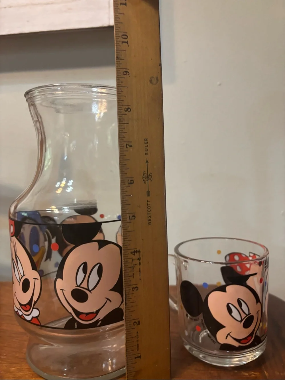 1980’s Minnie & Mickey Glass Carafe and Mug Set - Clear Glass with Red Accent